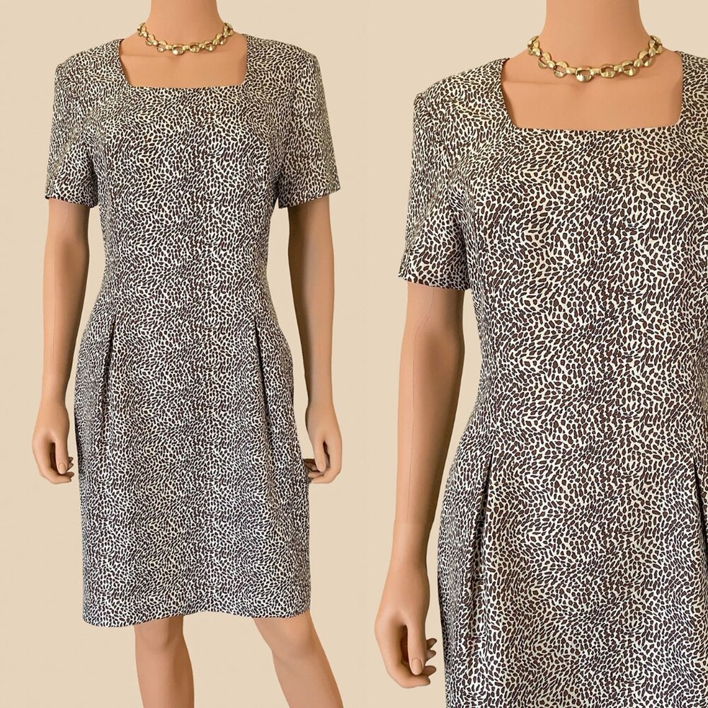 Vintage 100% silk cheetah print brown beige sheath cocktail dress